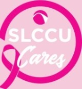 Slccu cares text and company logo wrapped in a dark pink ribbon on a light pink background.