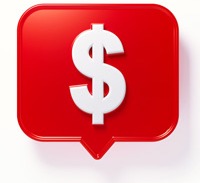 Red chat bubble icon with a white dollar sign in the middle.