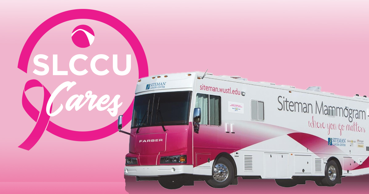 Image of Siteman mammogram bus with pink background. Slccu Cares text wrapped in breast cancer ribbon