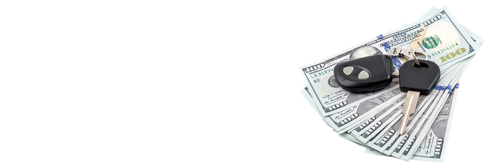 white image with stack of cash on right hand side with car keys on top