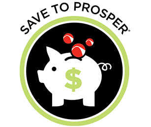 image of a white piggy bank with a green dollar sign on the side. Text "Save to prosper" arcing above